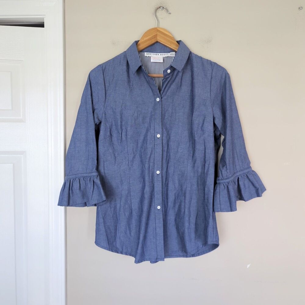 Gretchen Scott Blue Chambray Priss Blouse 3/4 Ruffle Sleeve Button Down Small
